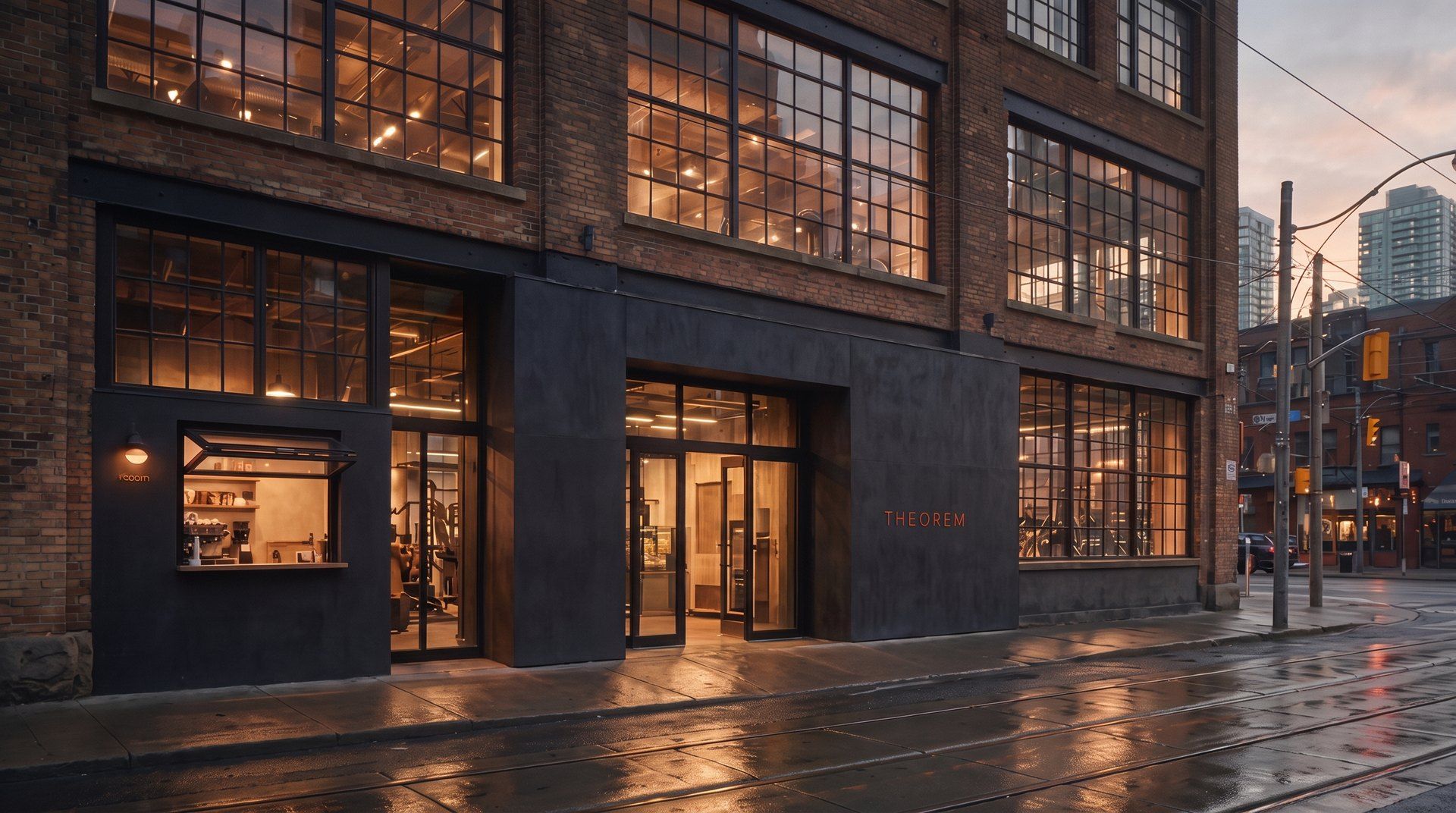 Illustration of the club at dusk: a brick building with the Theorem name by the door