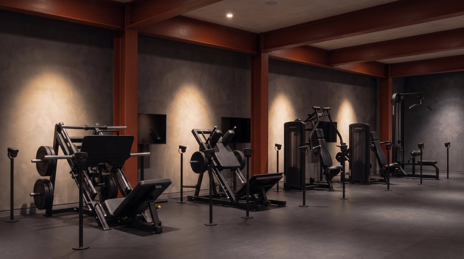 The machine floor: matte black machines in their own spotlights, burnt-orange columns between them